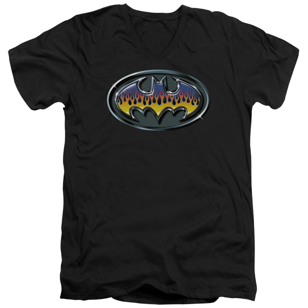 Batman Hot Rod Shield Mens Slim Fit V Neck T Shirt Black Officially Licensed