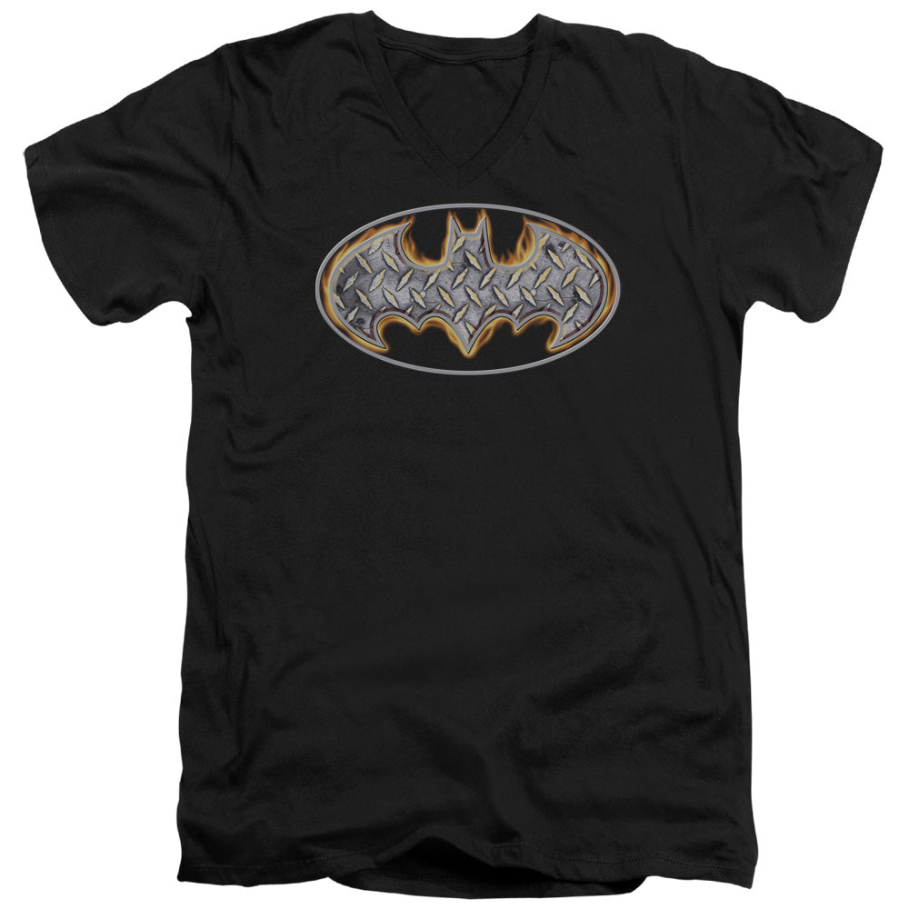 Batman Steel Fire Shield Mens Slim Fit V Neck T Shirt Black Officially Licensed