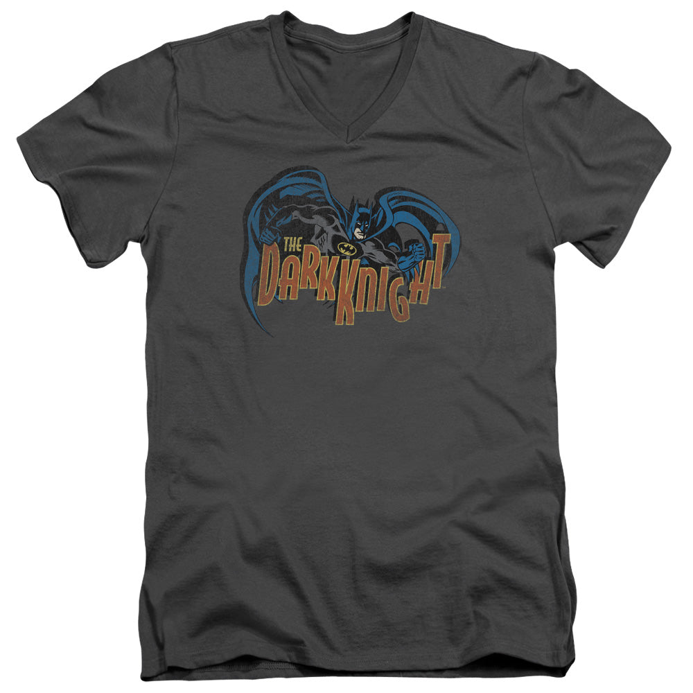 Batman Retro Dark Knight Mens Slim Fit V Neck T Shirt Charcoal Officially Licensed