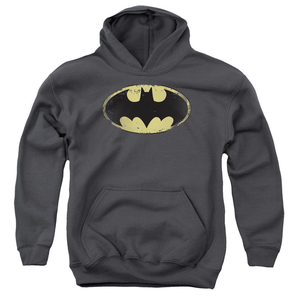 Batman Distressed Shield Kids Youth Hoodie Charcoal Officially Licensed