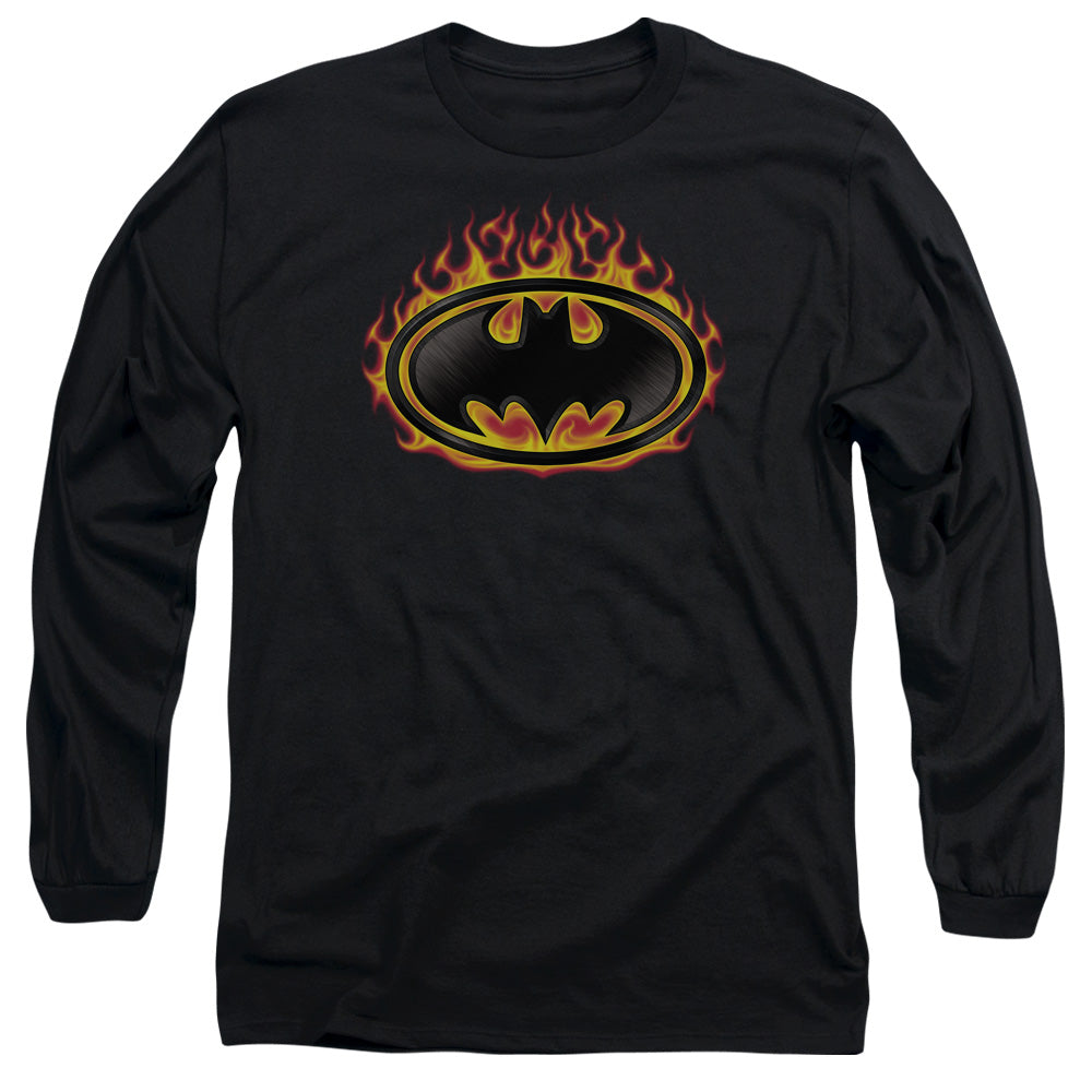 Batman Bat Flames Shield Mens Long Sleeve Shirt Black Officially Licensed