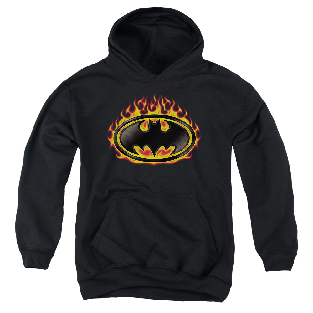 Batman Bat Flames Shield Kids Youth Hoodie Black Officially Licensed