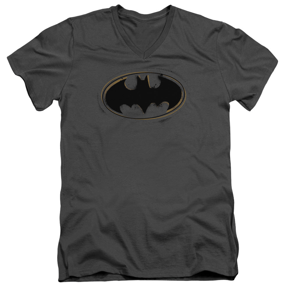 Batman Spray Paint Logo Mens Slim Fit V Neck T Shirt Charcoal Officially Licensed
