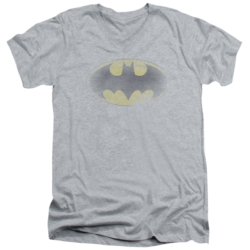 Batman Faded Logo Mens Slim Fit V Neck T Shirt Athletic Heather Officially Licensed