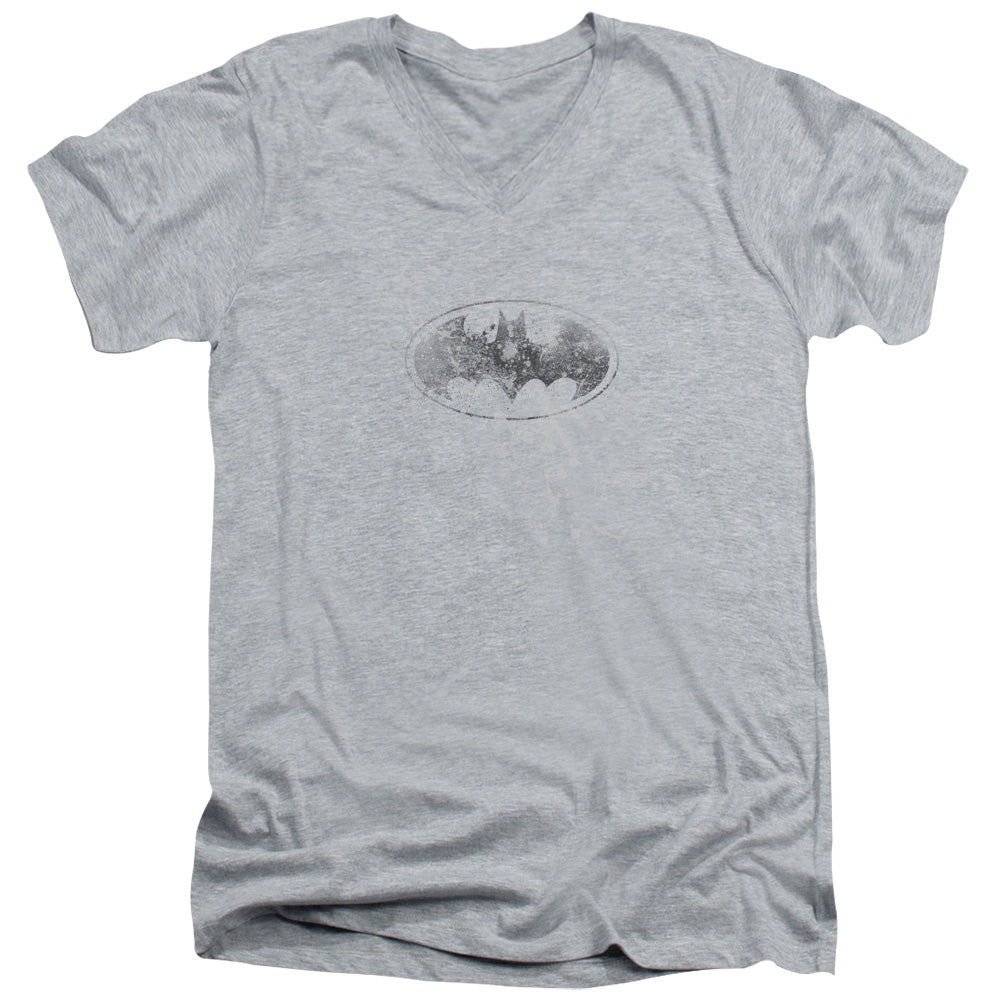 Batman Burned & Splatered Mens Slim Fit V Neck T Shirt Athletic Heather Officially Licensed