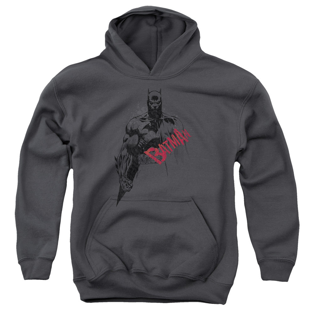 Batman Sketch Bat Red Logo Kids Youth Hoodie Charcoal Officially Licensed