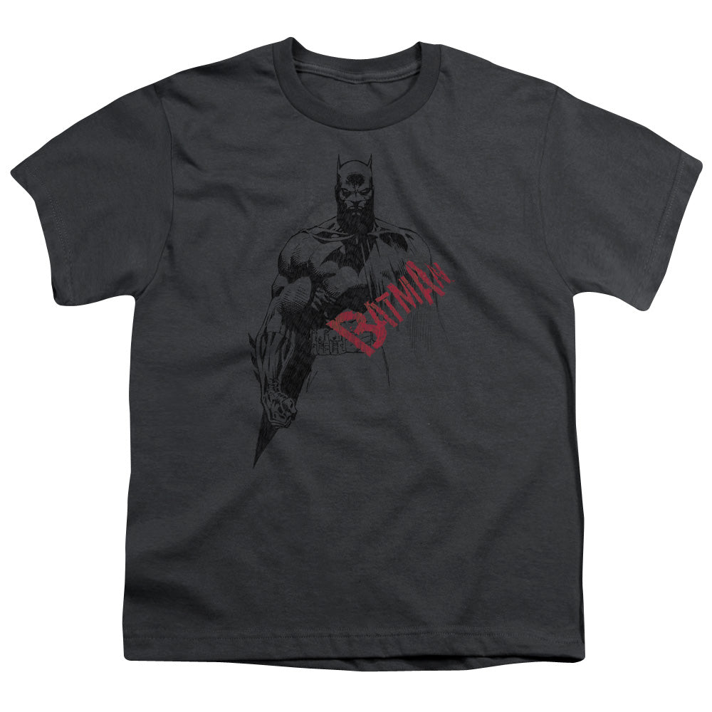 Batman Sketch Bat Red Logo Kids Youth T Shirt Charcoal Officially Licensed