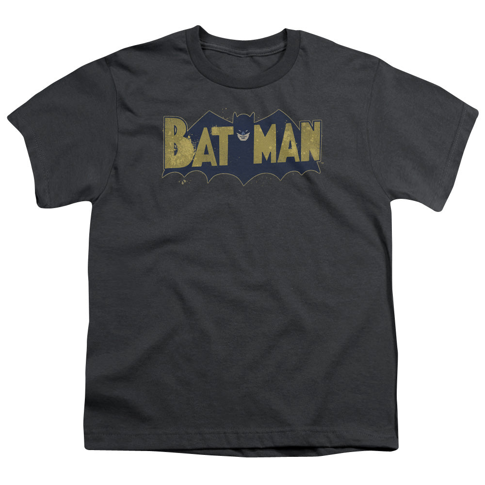Batman Vintage Logo Splater Kids Youth T Shirt Charcoal Officially Licensed