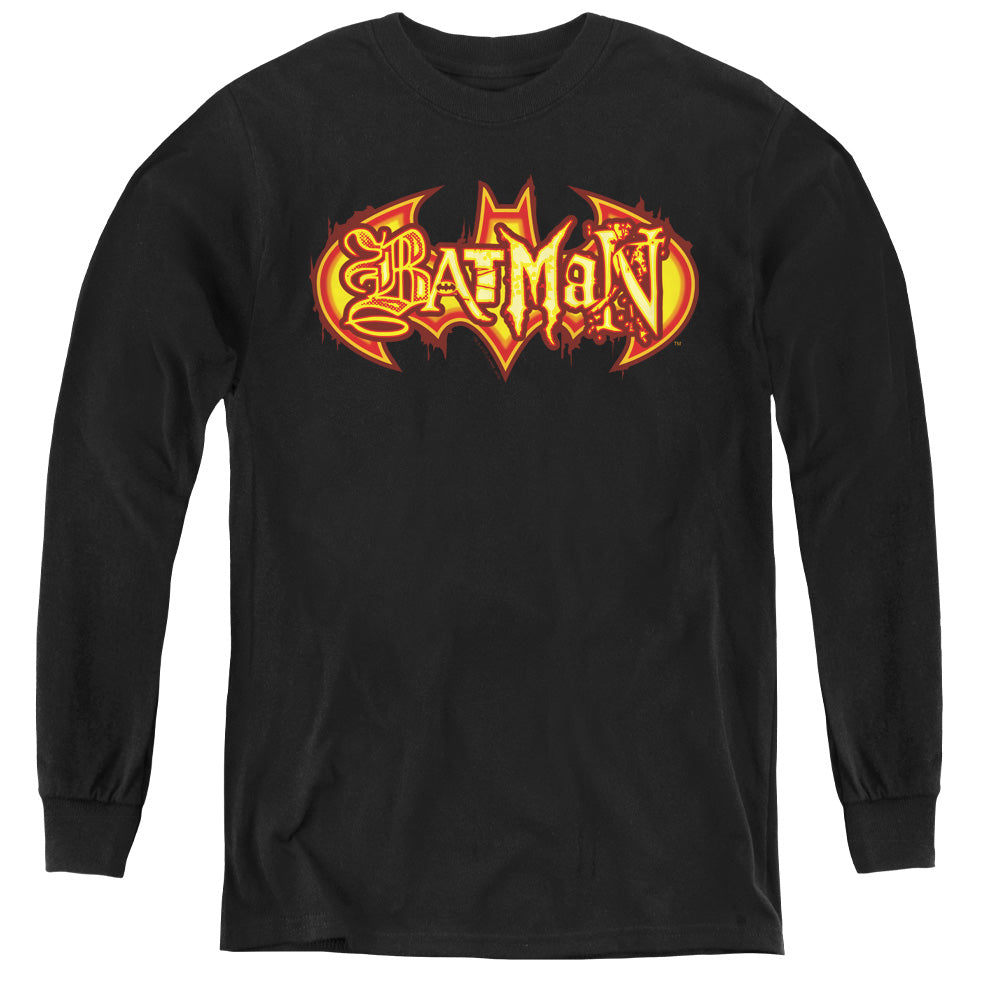 Batman Fiery Shield Long Sleeve Kids Youth T Shirt Black Officially Licensed
