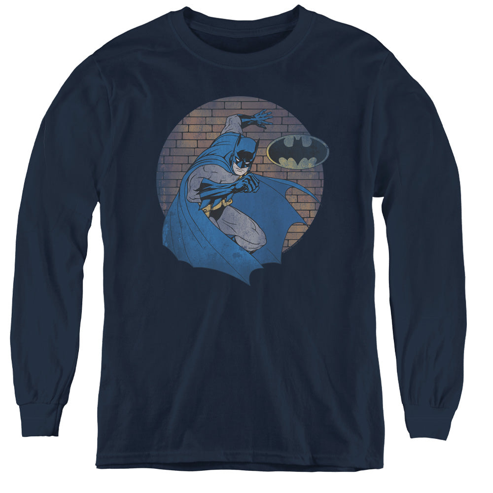 Batman In The Spotlight Long Sleeve Kids Youth T Shirt Navy Blue Officially Licensed