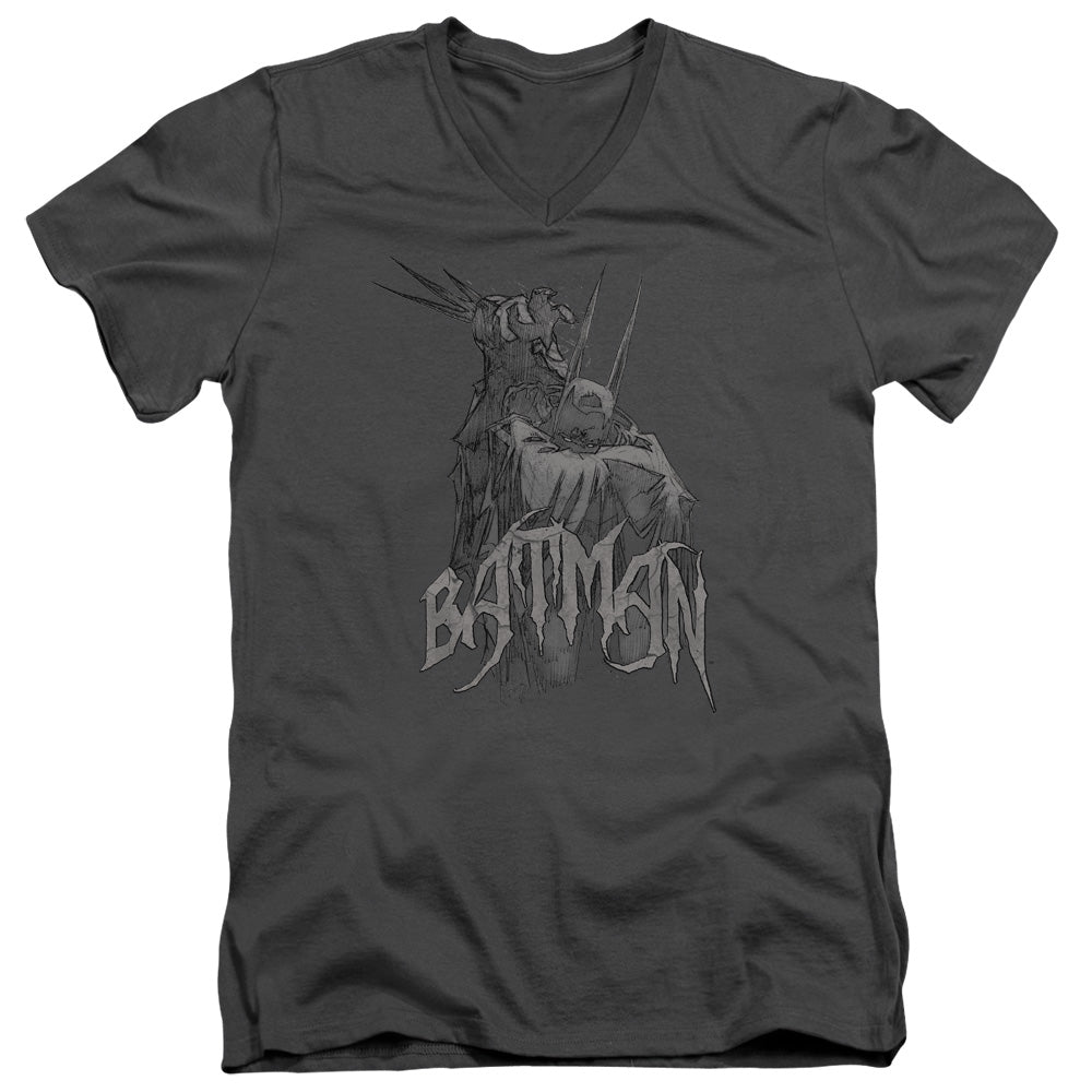 Batman Scary Right Hand Mens Slim Fit V Neck T Shirt Charcoal Officially Licensed