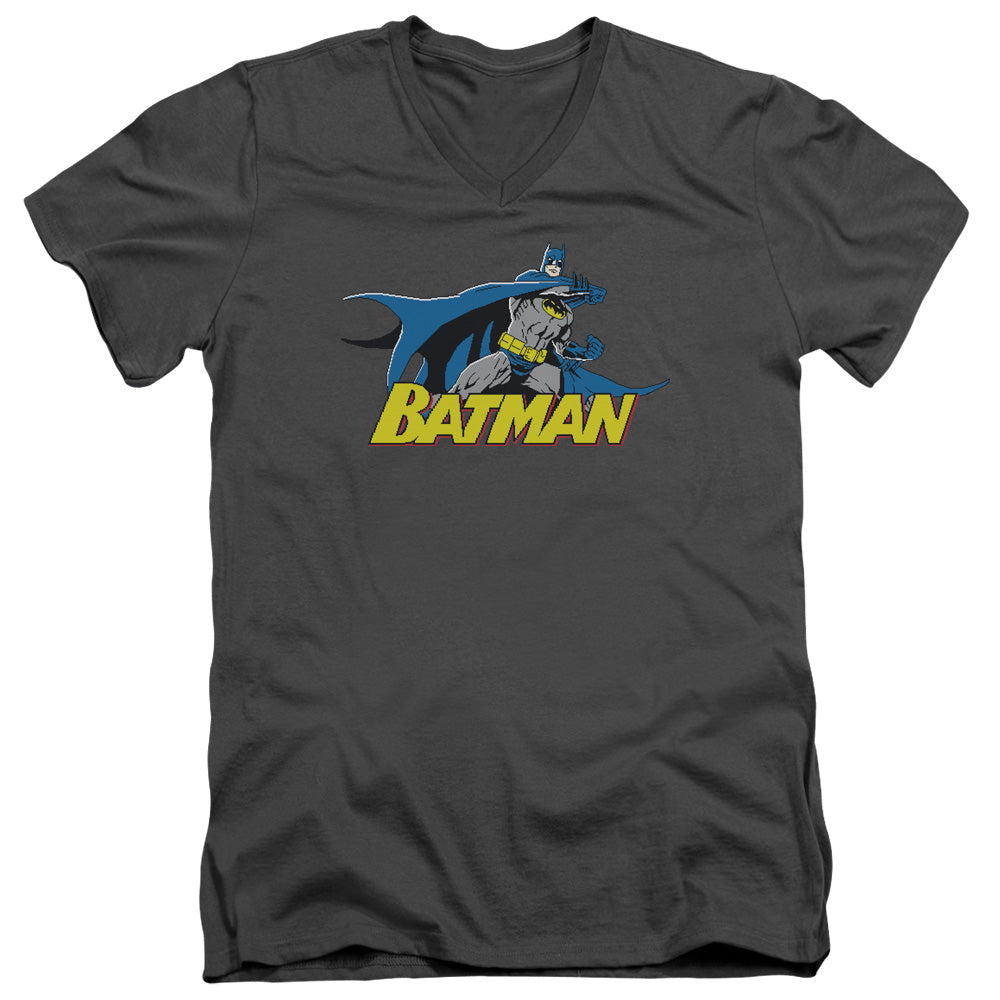 Batman 8 Bit Cape Mens Slim Fit V Neck T Shirt Charcoal Officially Licensed