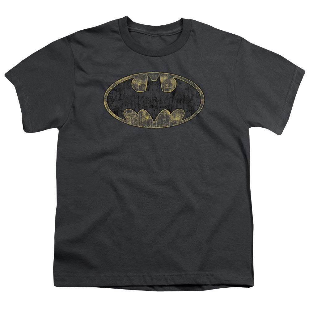 Batman Tatered Logo Kids Youth T Shirt Charcoal Officially Licensed