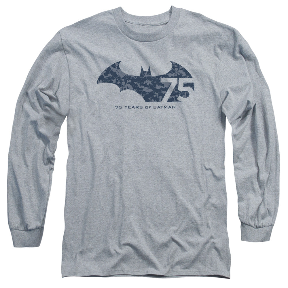 Batman 75 Year Collage Mens Long Sleeve Shirt Athletic Heather Officially Licensed