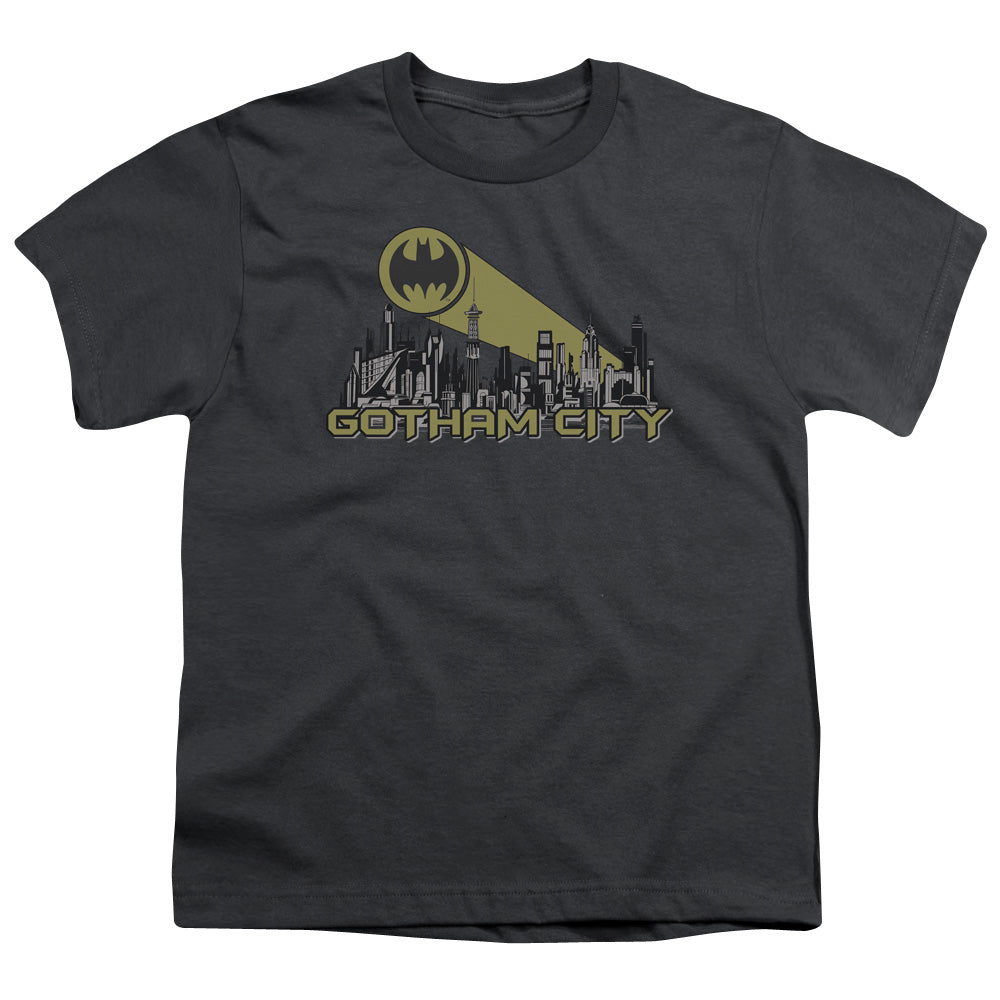 Batman Gotham Skyline Kids Youth T Shirt Charcoal Officially Licensed