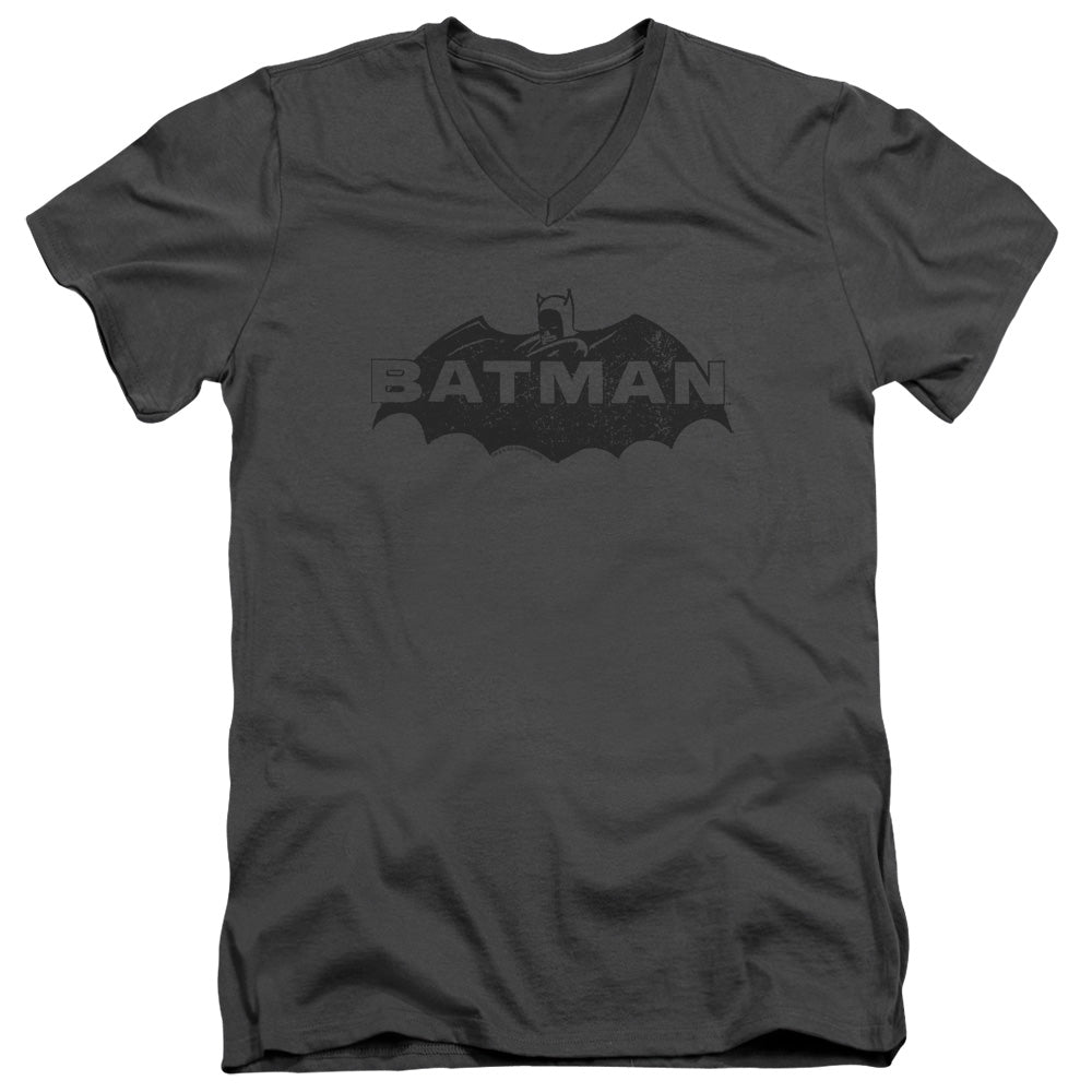 Batman Newsprint Logo Mens Slim Fit V Neck T Shirt Charcoal Officially Licensed