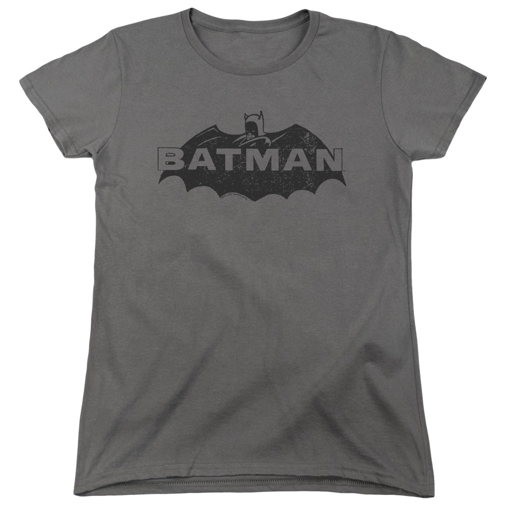 Batman Newsprint Logo Womens T Shirt Charcoal Officially Licensed