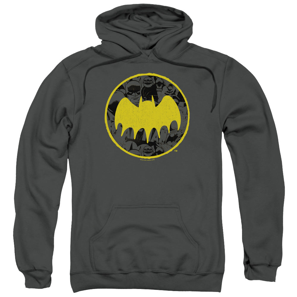 Batman Vintage Symbol Collage Mens Hoodie Charcoal Officially Licensed