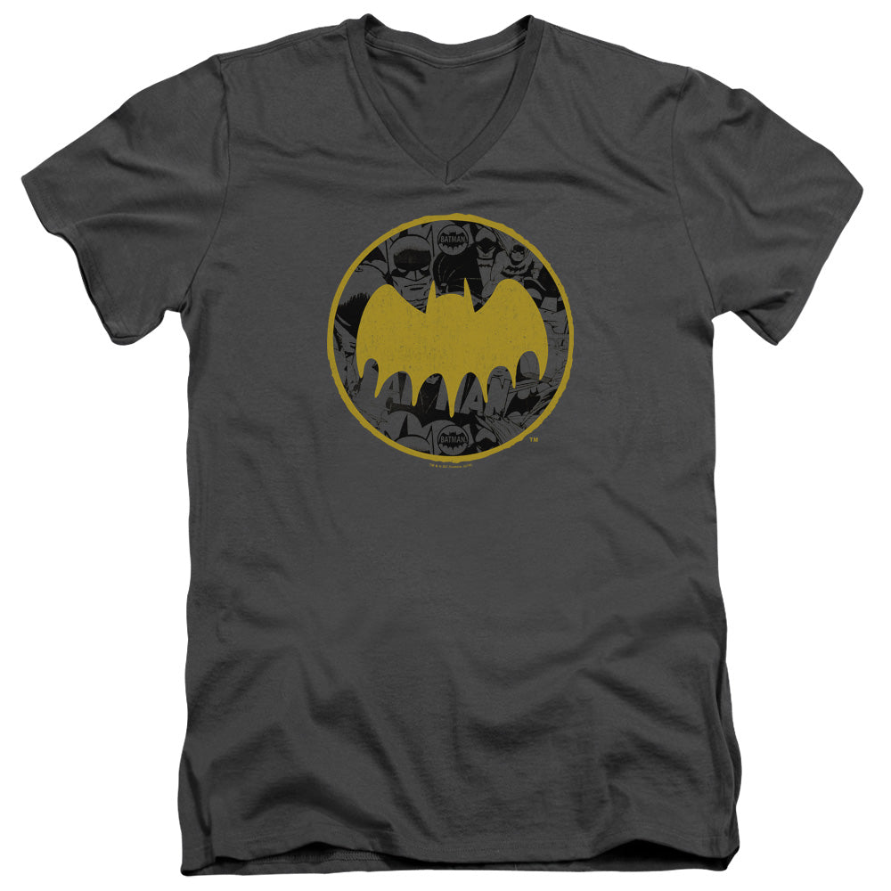 Batman Vintage Symbol Collage Mens Slim Fit V Neck T Shirt Charcoal Officially Licensed