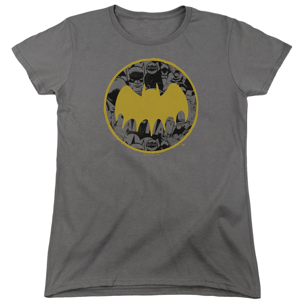 Batman Vintage Symbol Collage Womens T Shirt Charcoal Officially Licensed