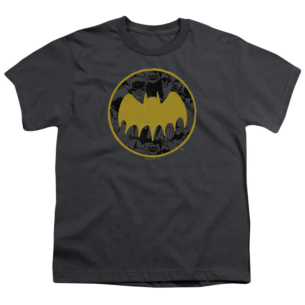 Batman Vintage Symbol Collage Kids Youth T Shirt Charcoal Officially Licensed