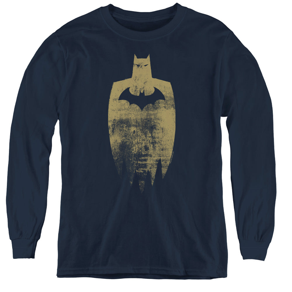 Batman Gold Silhouete Long Sleeve Kids Youth T Shirt Navy Blue Officially Licensed