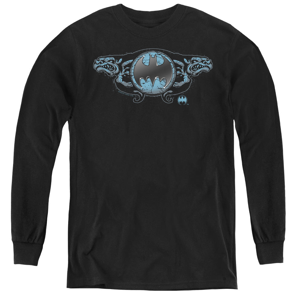 Batman Two Gargoyles Logo Long Sleeve Kids Youth T Shirt Black Officially Licensed