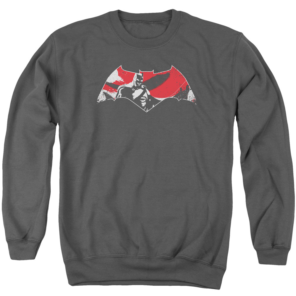 Batman V Superman Armor Splatter Logo Mens Crewneck Sweatshirt Charcoal Officially Licensed