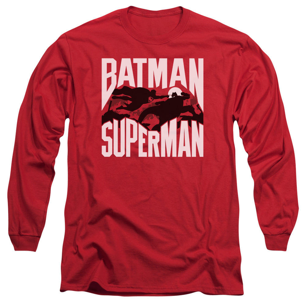 Batman Vs Superman Silhouette Fight Mens Long Sleeve Shirt Red Officially Licensed