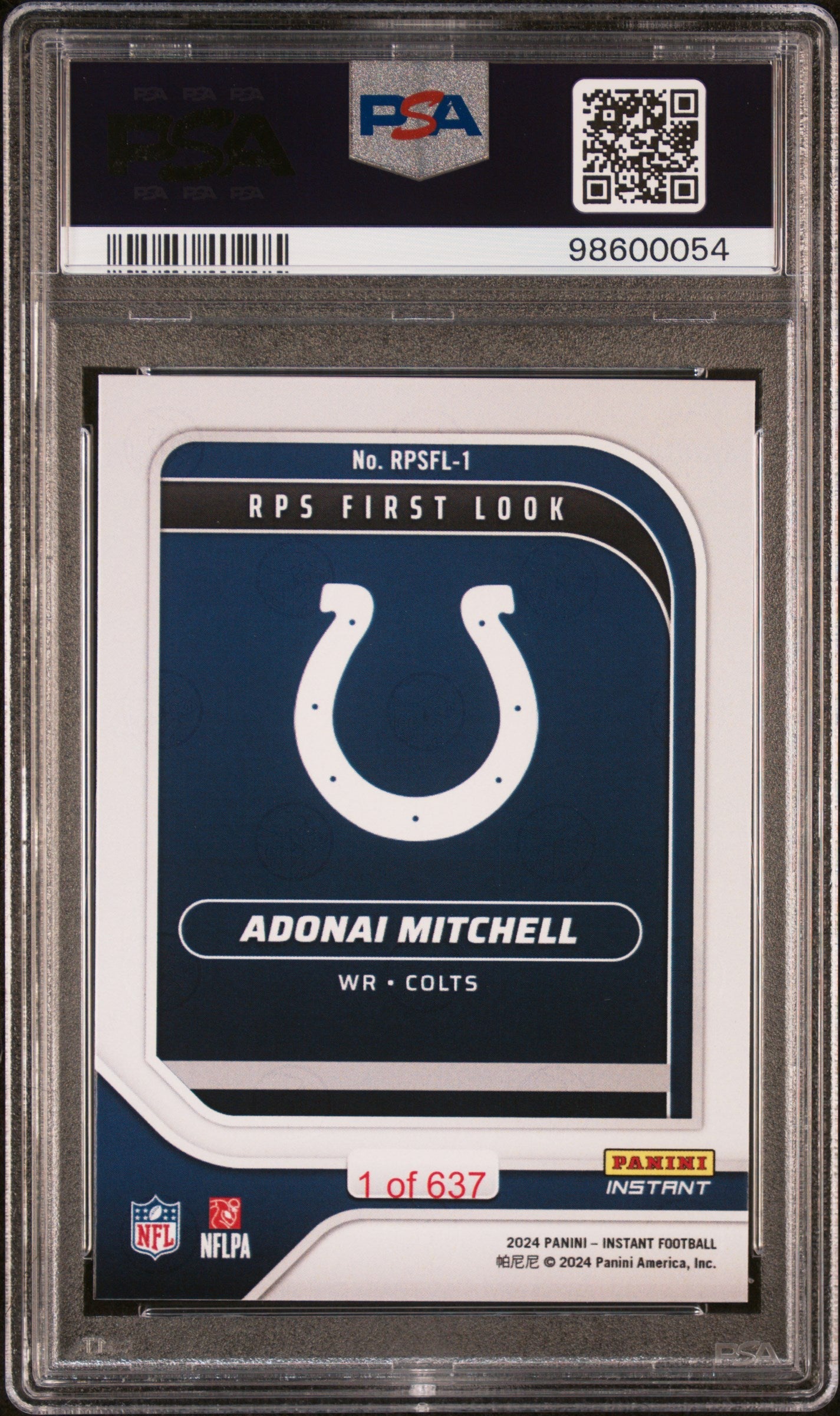 Graded 2024 Panini Instant NFL Adonai Mitchell #RPSFL1 RPS First Look Rookie RC Football Card PSA 10 Gem Mint