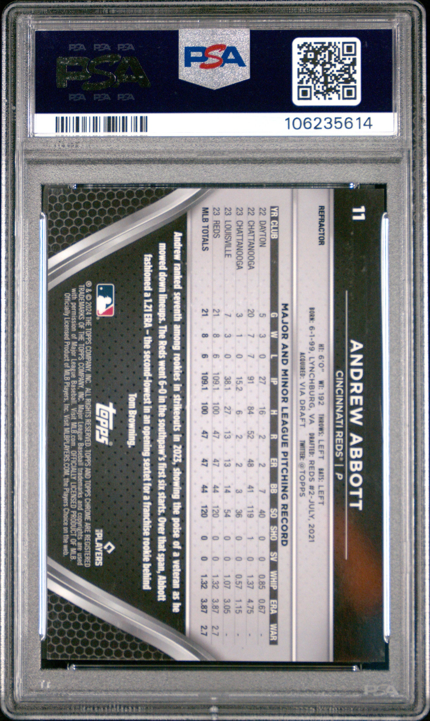 Graded 2024 Topps Chrome Black Andrew Abbott #11 Refractor /199 Rookie RC Baseball Card PSA 10 Gem Mint