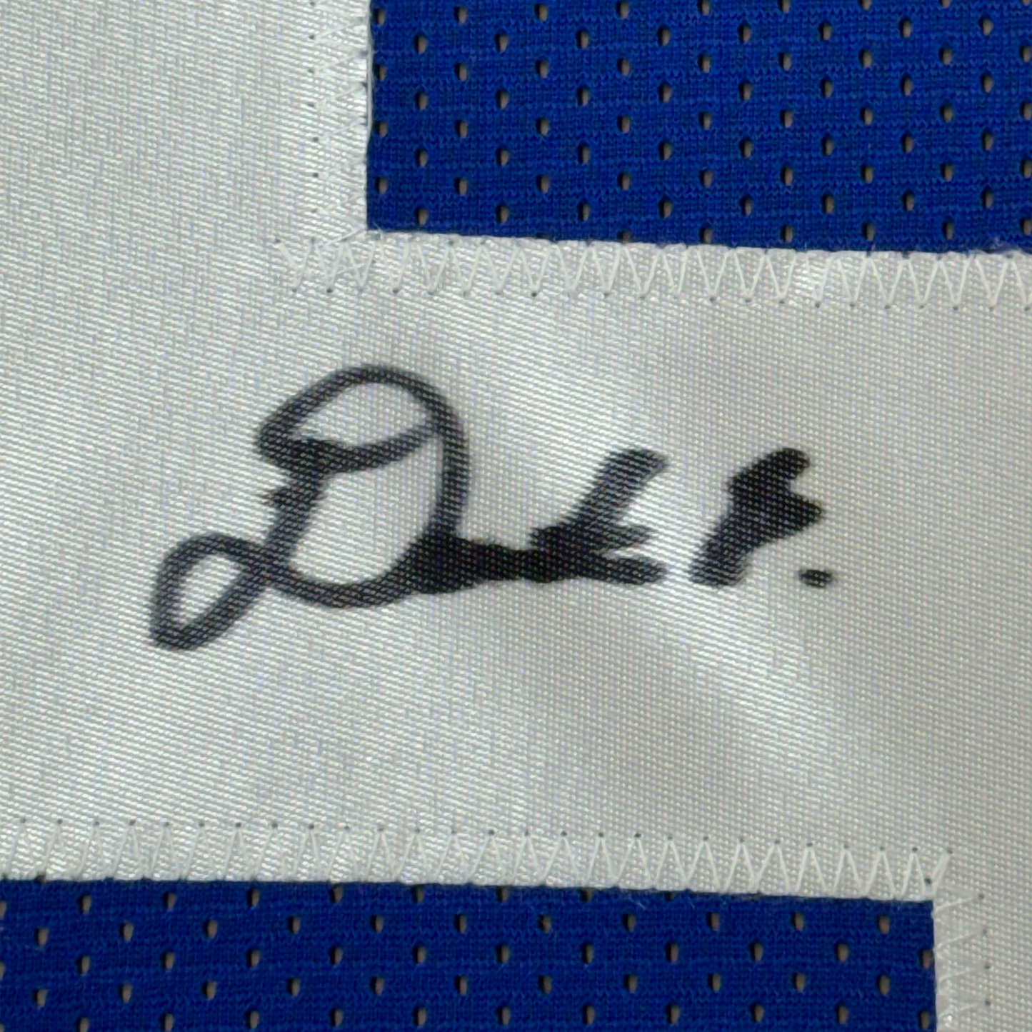 Framed Autographed/Signed Deonte Banks 35x39 New York Blue Football Jersey Beckett BAS COA