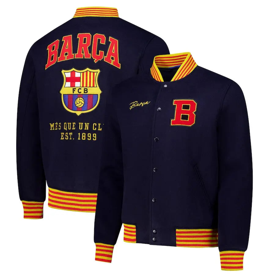 Barcelona Supporter's Full-Snap Varsity Jacket - Navy
