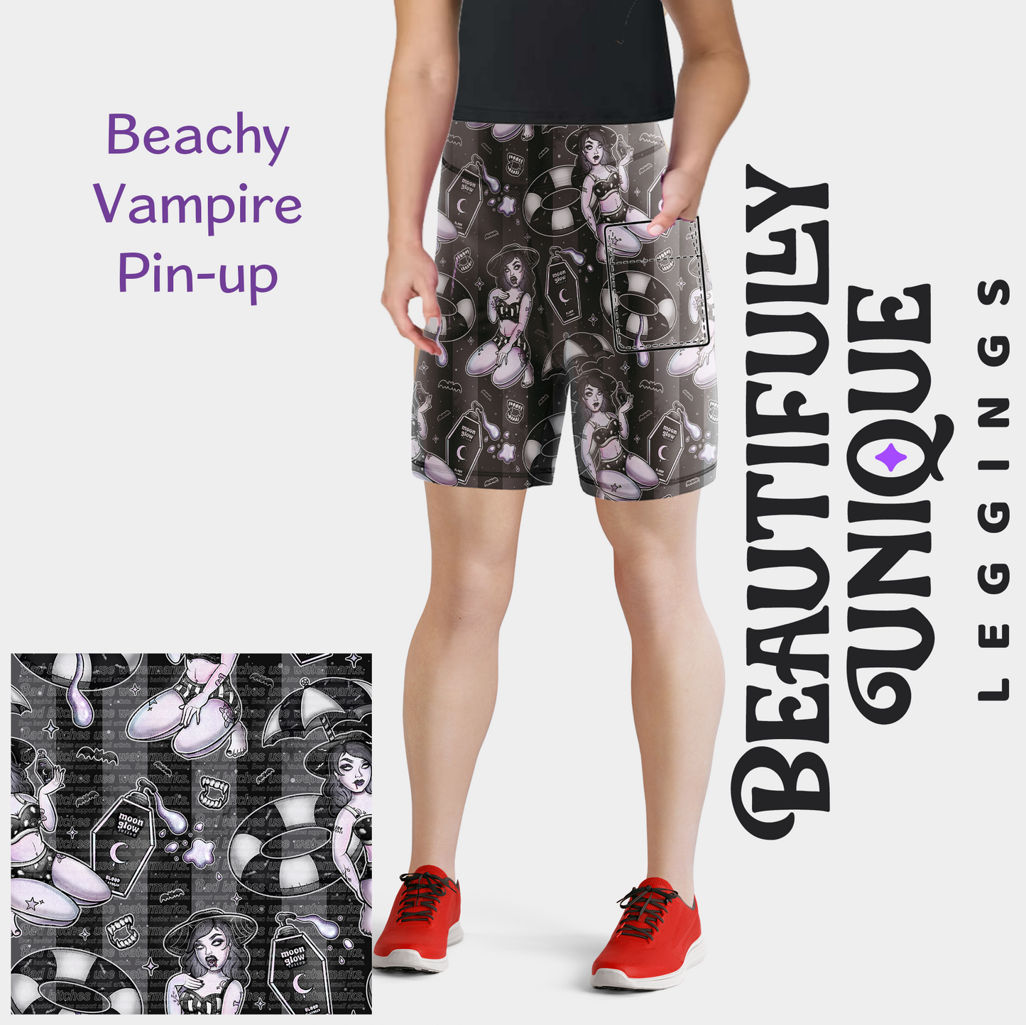 Beachy Vampire Pin-Up Capris, Leggings & Biker Shorts (Semi-Exclusive) - High-quality Handcrafted Vibrant Leggings