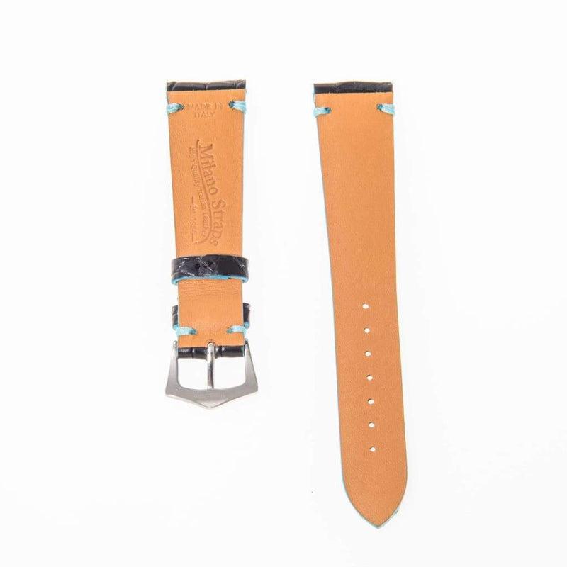 Black Genuine Alligator Watch Strap Light Blue Borders