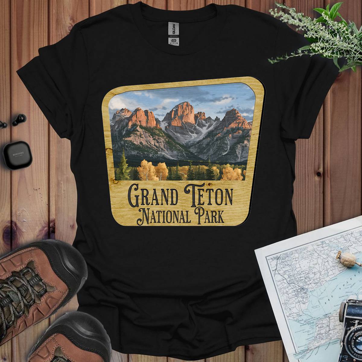 Grand Teton National Park Unisex Fit Soft T-Shirt Wood Sign