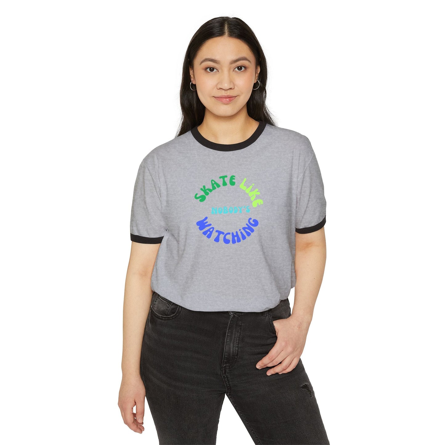 Blue/Green Skate Like Nobody's Watching Unisex Cotton Ringer T-Shirt
