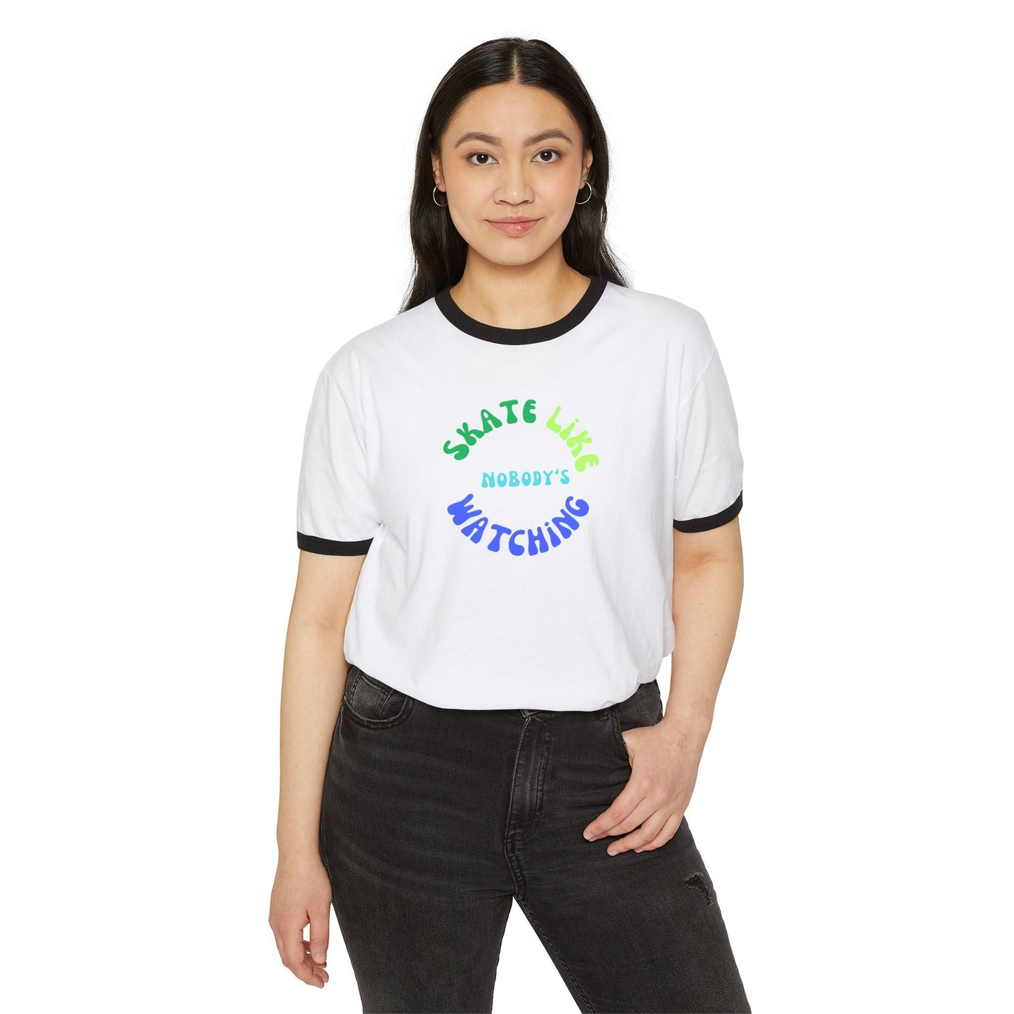 Blue/Green Skate Like Nobody's Watching Unisex Cotton Ringer T-Shirt