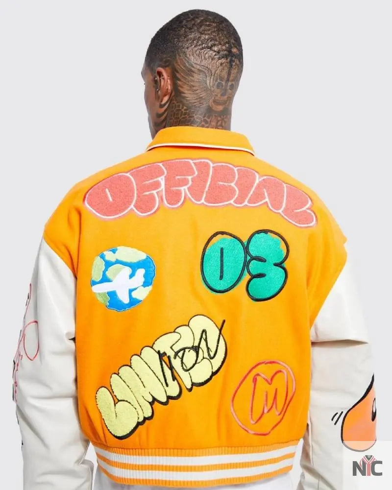 Boxy Fit Graffiti Orange Varsity Jacket