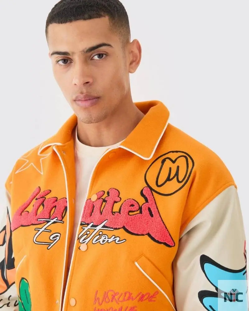 Boxy Fit Graffiti Orange Varsity Jacket
