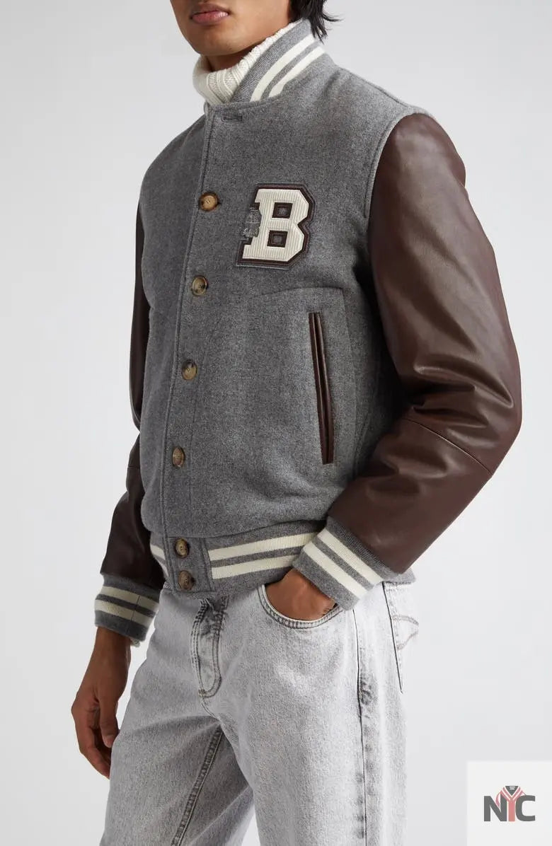 Brunello Cucinelli Wool & Leather Varsity Jacket
