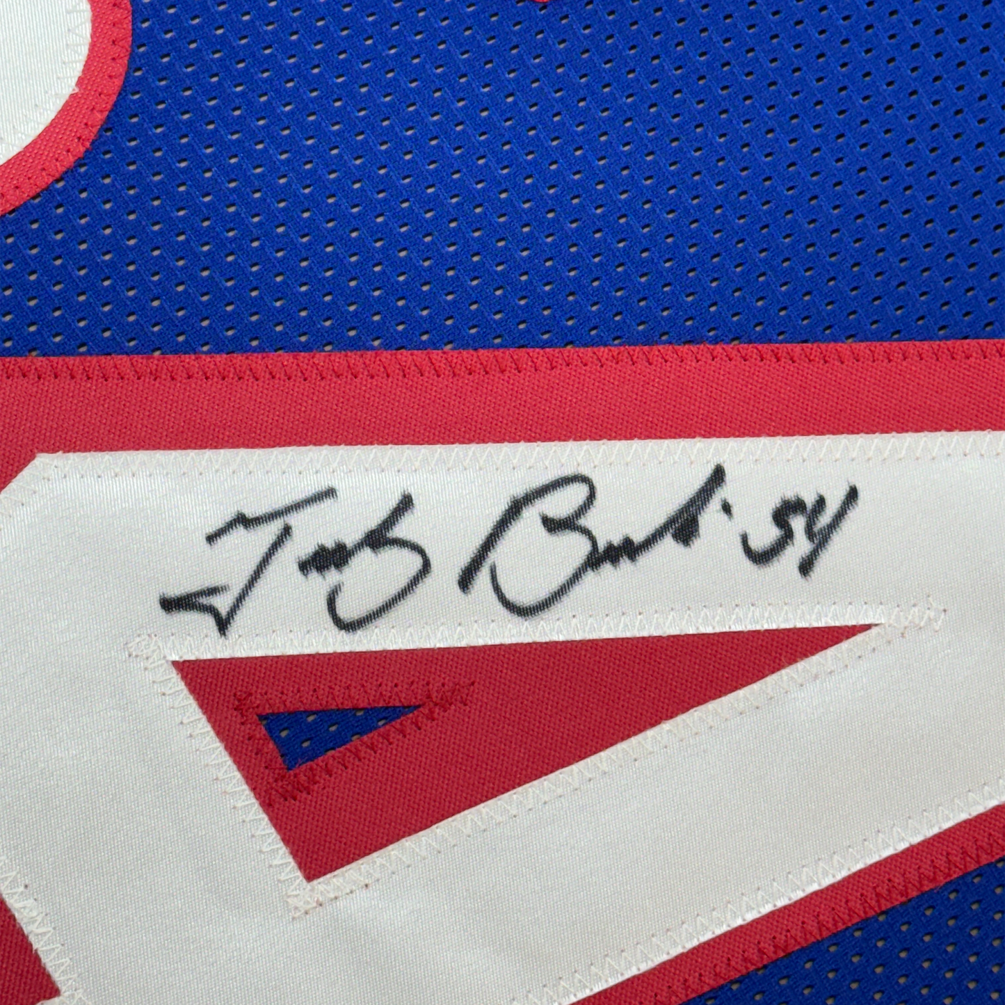 Framed Autographed/Signed Tedy Bruschi 35x39 New England Retro Blue Football Jersey Beckett BAS COA