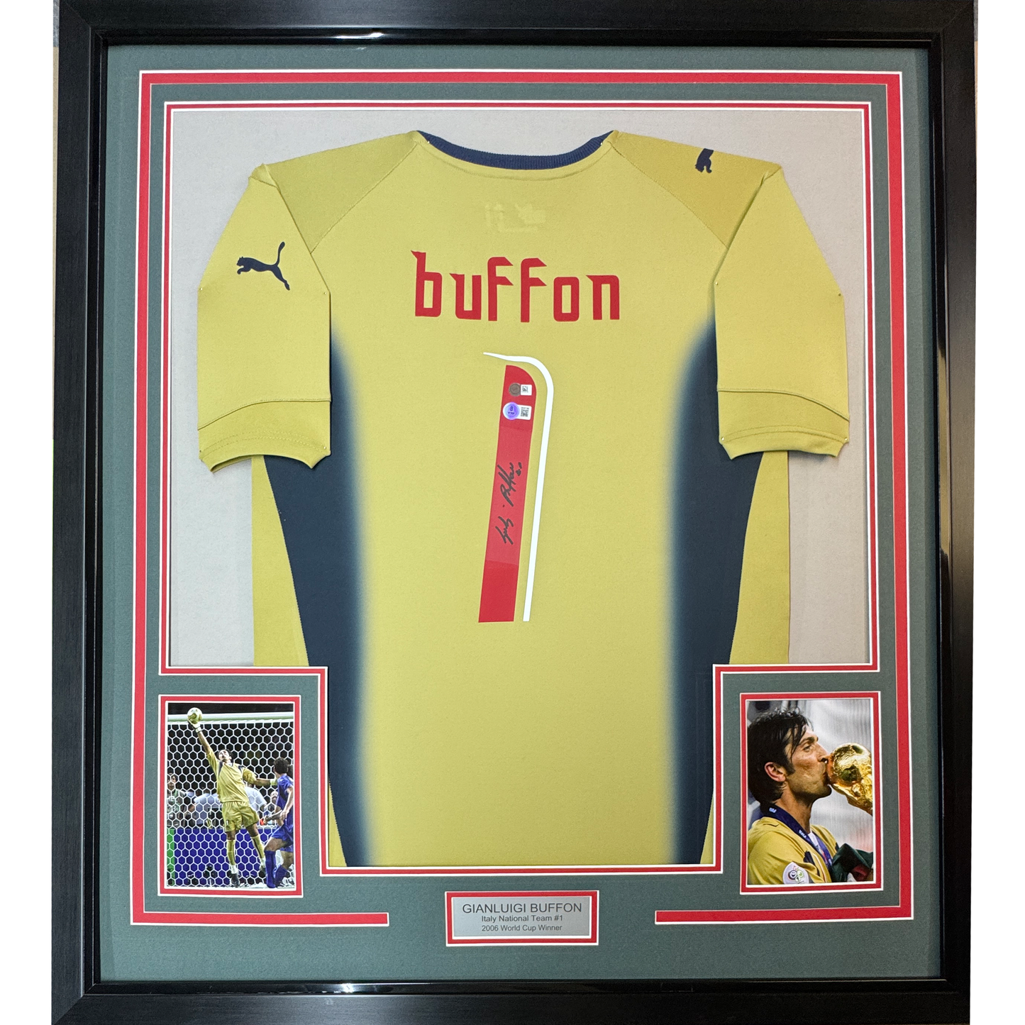 Framed Autographed/Signed Gianluigi Buffon 35x39 Italy Gold Soccer Futbol Jersey Beckett BAS COA