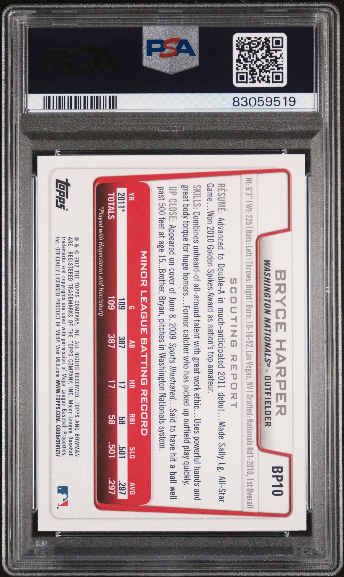 Graded 2012 Topps Bowman Prospects Bryce Harper #BP10 Rookie RC Baseball Card PSA 10 Gem Mint