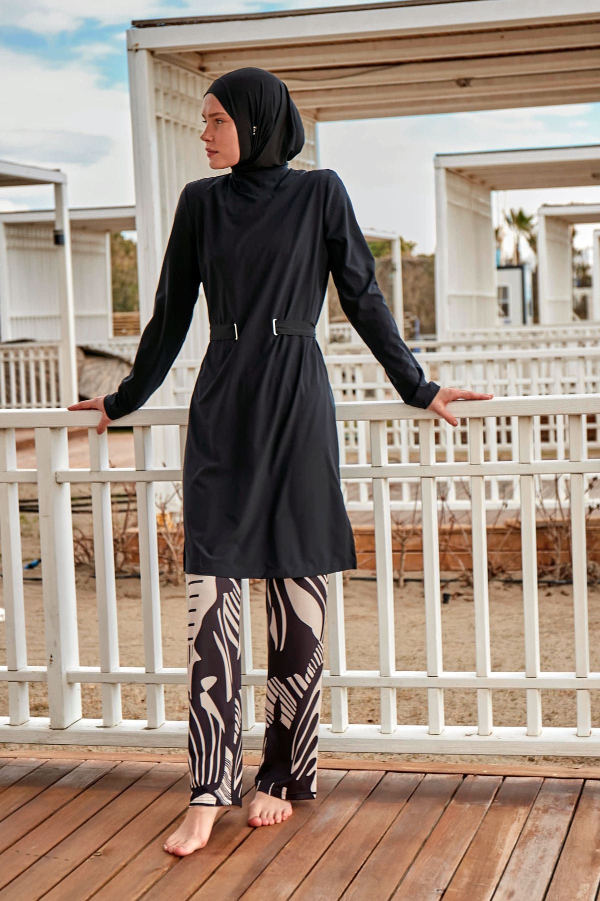 Woven Black Burkini Modest Swimwear M2424