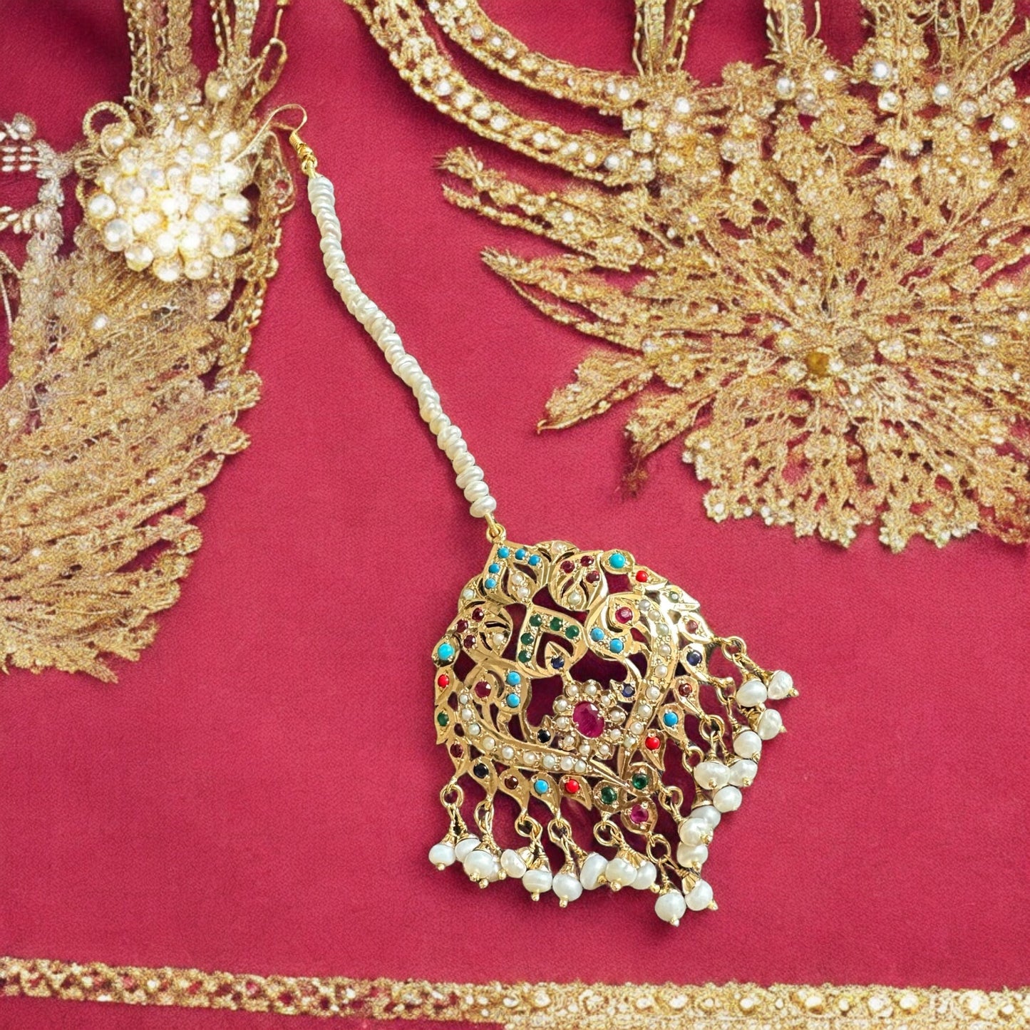 ESMA Navratan tika in silver with fresh water pearls - gold plated ( SHIPS IN 4 WEEKS )