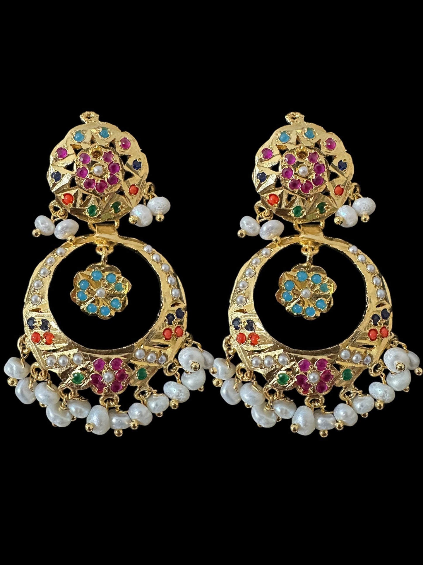 DNS195 Navratan jadau necklace set in fresh water pearls ( READY TO SHIP )