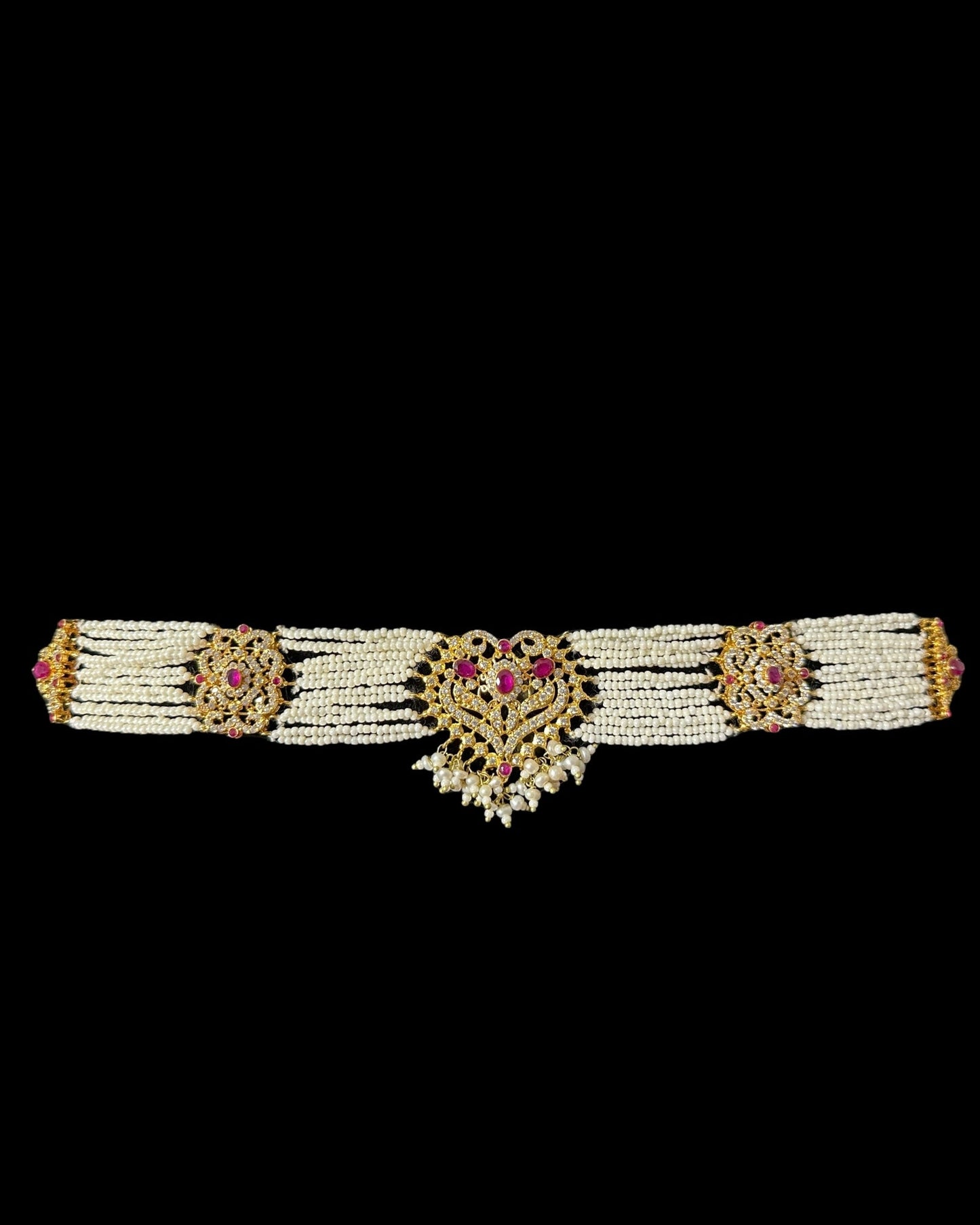 BR465 RAABYA ruby and pearl with zircon bridal choker set with earrings tika ( READY TO SHIP )