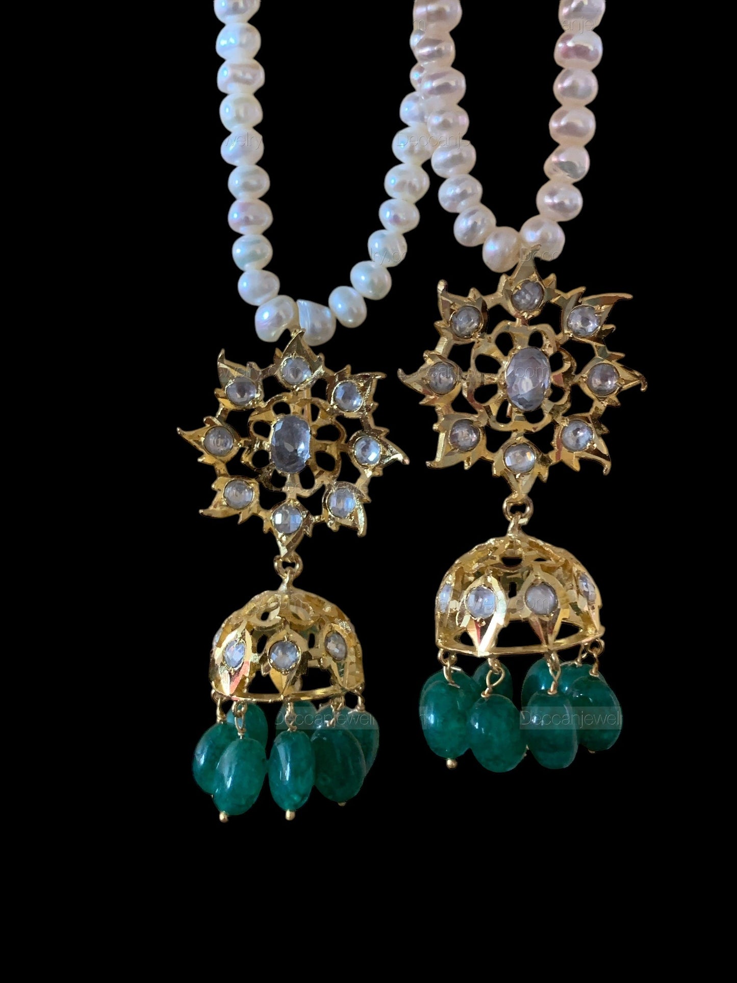 Jadavi lacha in fresh water pearls emeralds beads ( SHIPS IN 2 WEEKS )