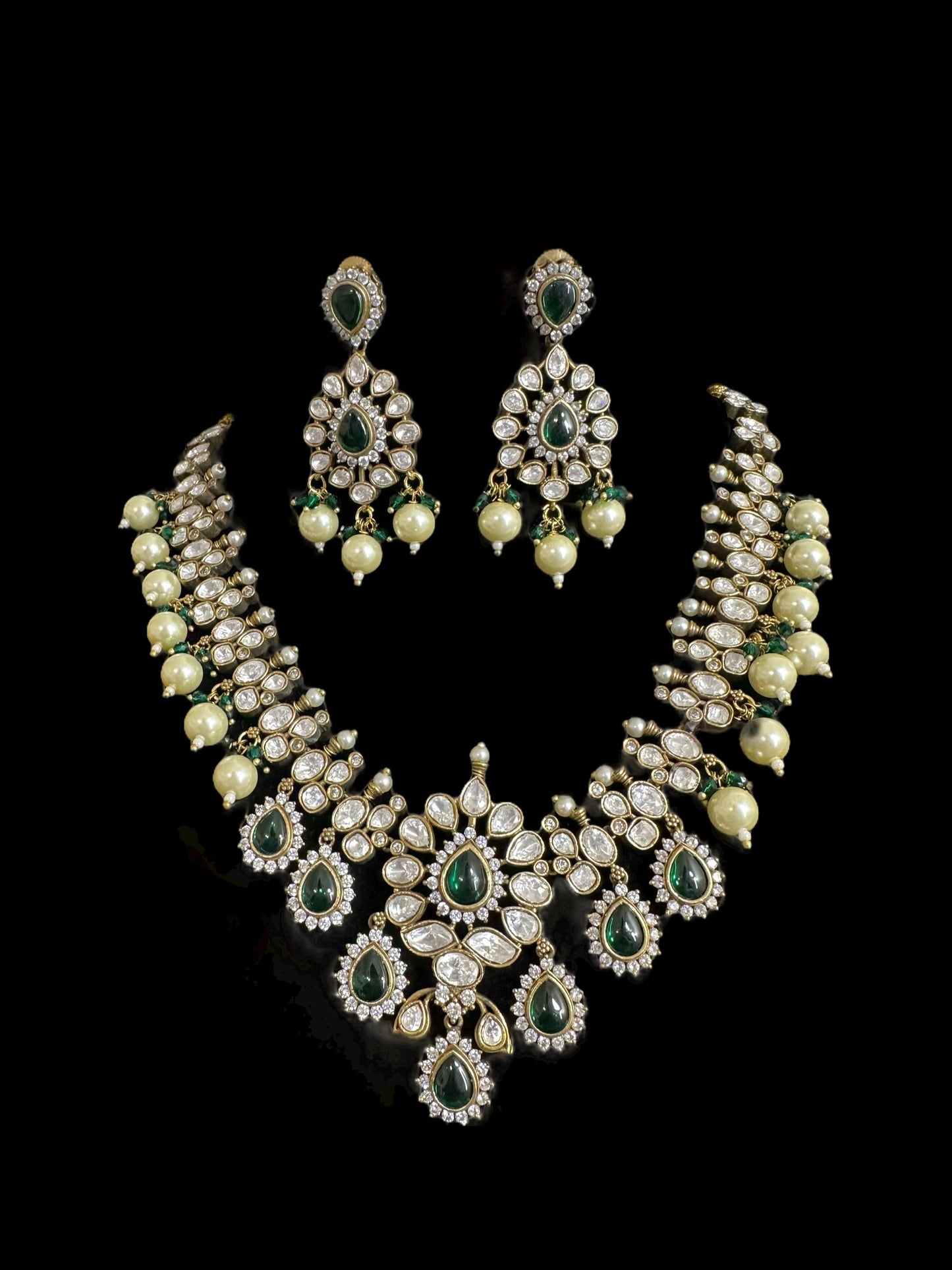 BR303 High quality Polki necklace set with tika - green ( READY TO SHIP )